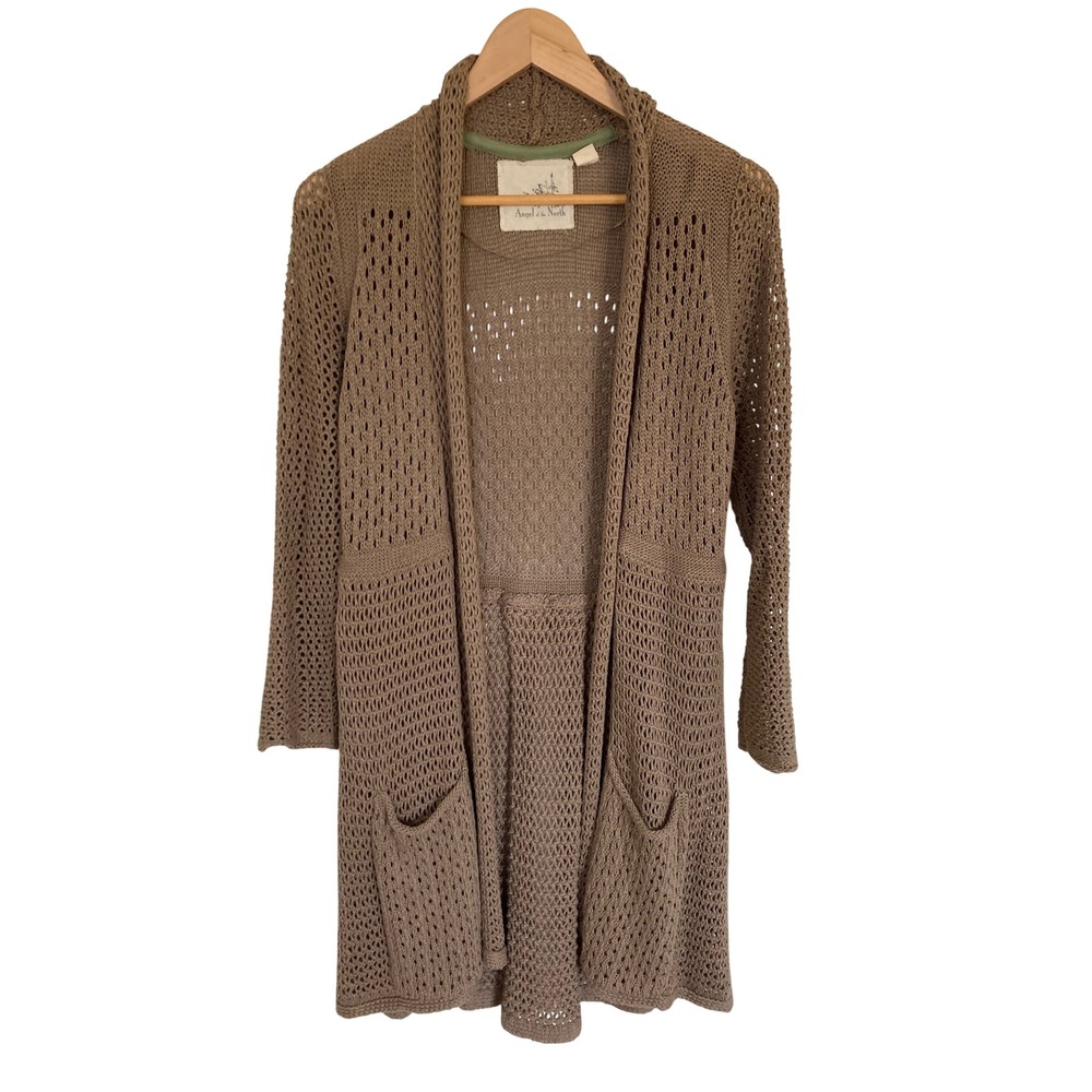 Angel of the North Anthropologie Taupe Brown Open Knit Pointelle Cardigan Small